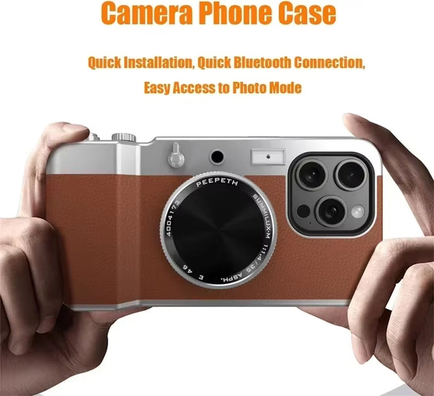 Retro Bluetooth Camera Phone Case for 15 14 13 12 Pro Max Magnetic Cosmetic Mirror for 15Promax Hard Phone Cover