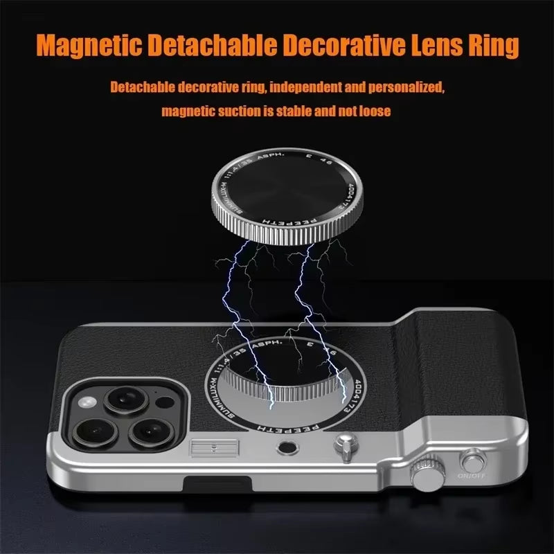 Retro Bluetooth Camera Phone Case for 15 14 13 12 Pro Max Magnetic Cosmetic Mirror for 15Promax Hard Phone Cover