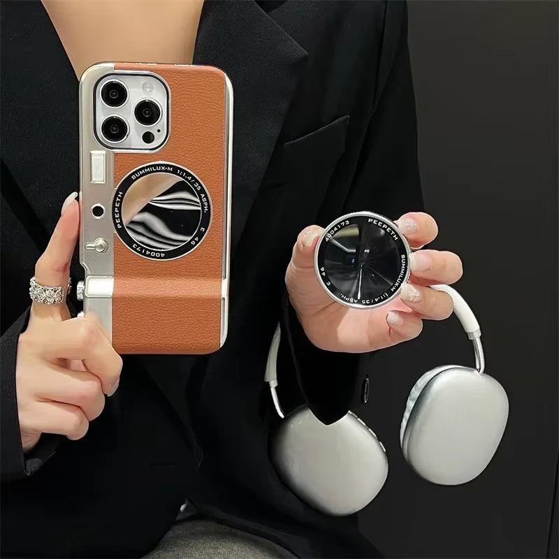 Retro Bluetooth Camera Phone Case for 15 14 13 12 Pro Max Magnetic Cosmetic Mirror for 15Promax Hard Phone Cover