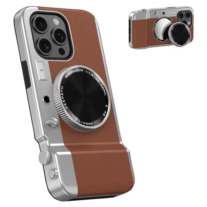 Retro Bluetooth Camera Phone Case for 15 14 13 12 Pro Max Magnetic Cosmetic Mirror for 15Promax Hard Phone Cover