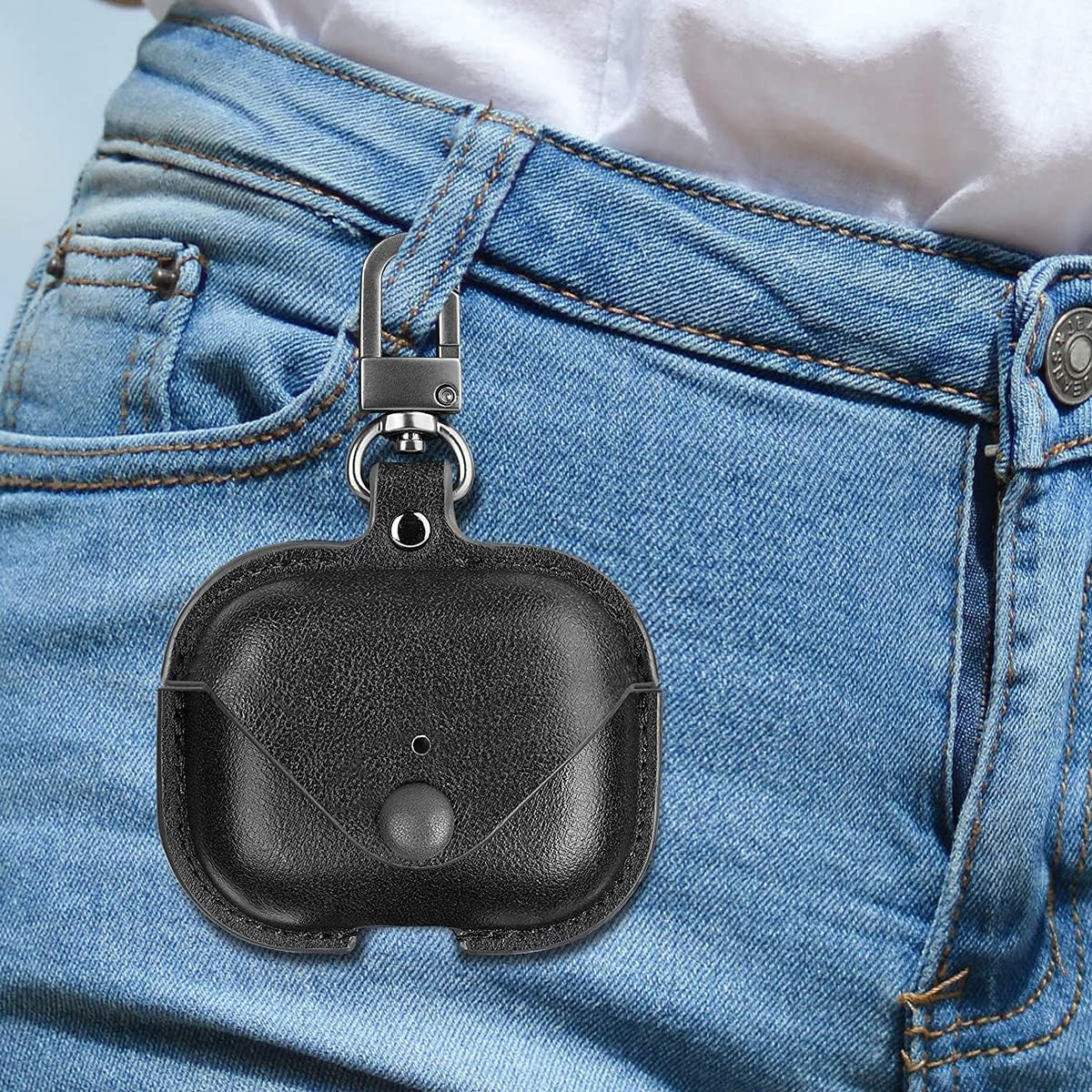 Genuine Leather Case Compatible with Airpods Pro Case, Protective Cover for Apple Airpods Pro Wireless Charging Case Headphones Earpods, Soft Leather Cover with Keychain Hook Black