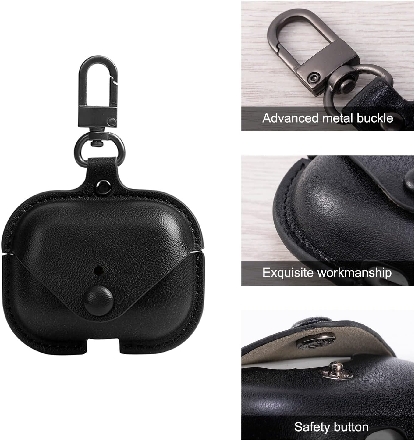 Genuine Leather Case Compatible with Airpods Pro Case, Protective Cover for Apple Airpods Pro Wireless Charging Case Headphones Earpods, Soft Leather Cover with Keychain Hook Black