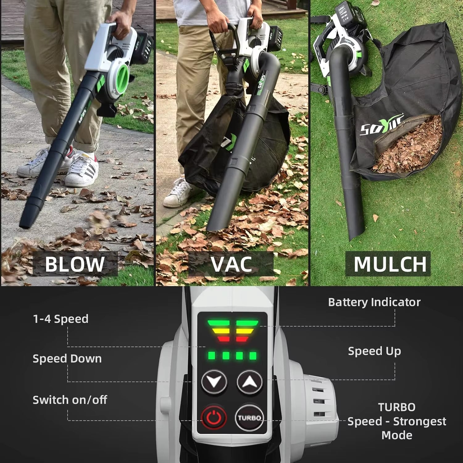 Leaf Blower&Vacuum SOYUS 3In1 Leaf Vacuum Mulcher 40V 360CFM 5 Speeds Brushless Battery Operated Leaf Blower for Lawn C