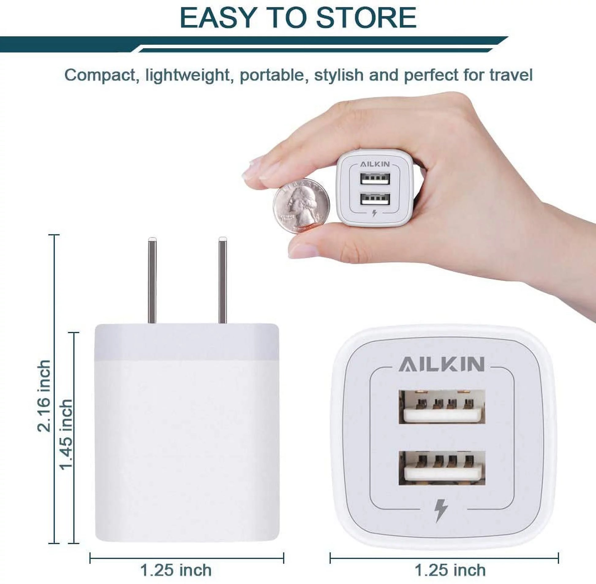 USB Wall Charger,Usb Charger Adapter, 2.1A Dual Port Fast Charging Station Plug Charger Block Iphone Wall Charger,White