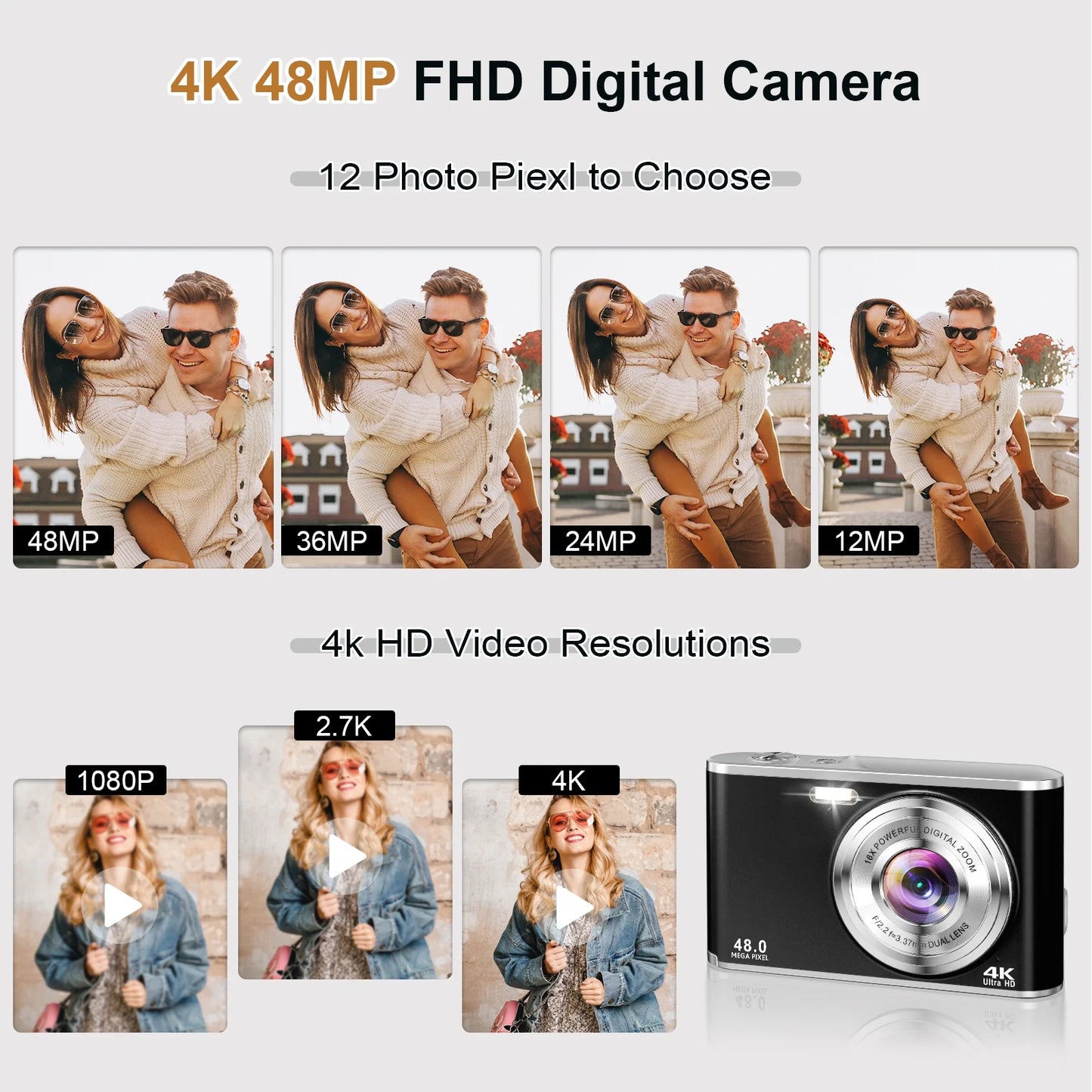 4K Digital Camera 48MP Autofocus Vlog Video Dual Cameras for Youtube with 32GB Card,Black,New